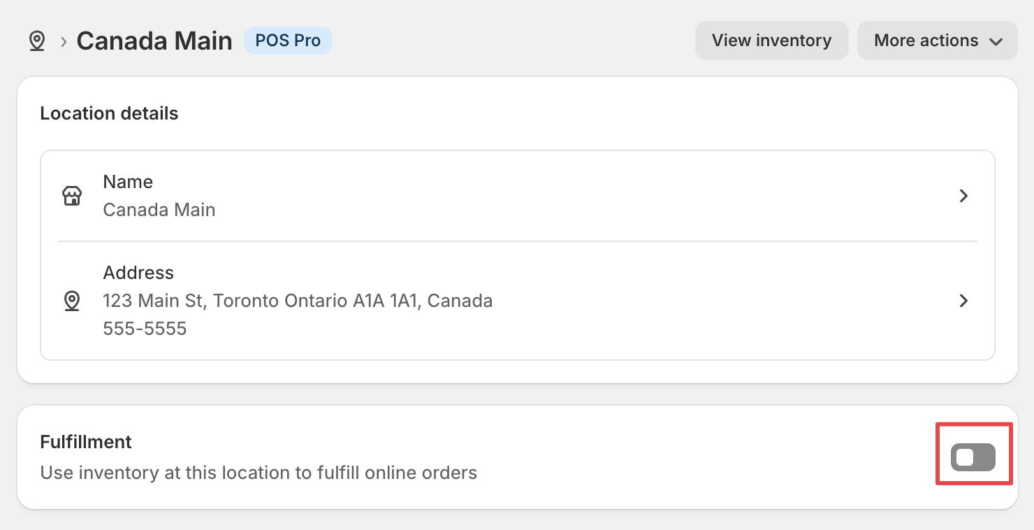 Location settings with the option to enable online order fulfillment