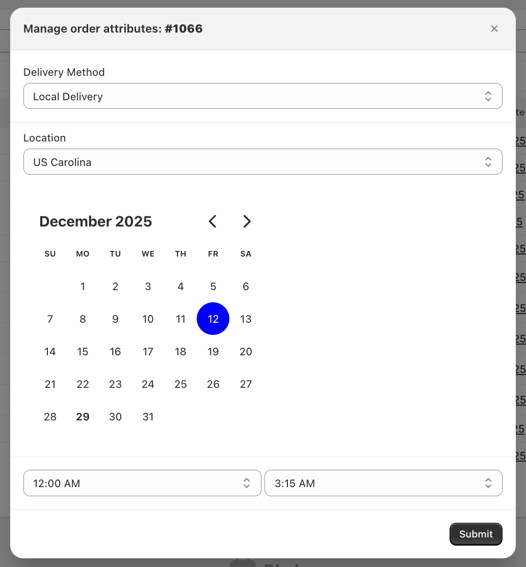 Shows the edit popup with fields for shipping method, date, time, and customer notification option