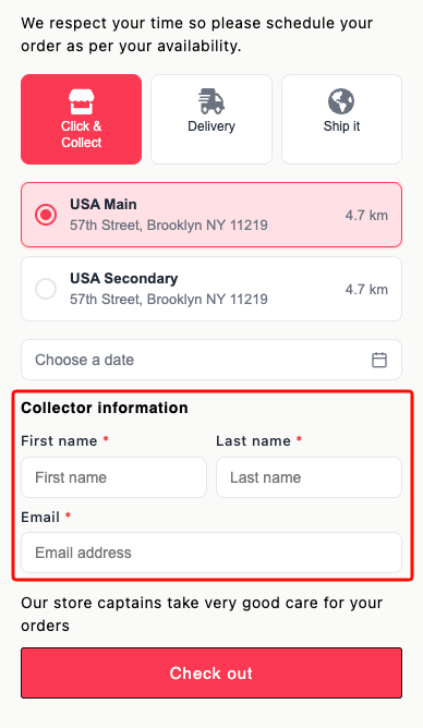 Cart widget showing the Collector information form with First name, Last name, and Email fields after a date and time are selected