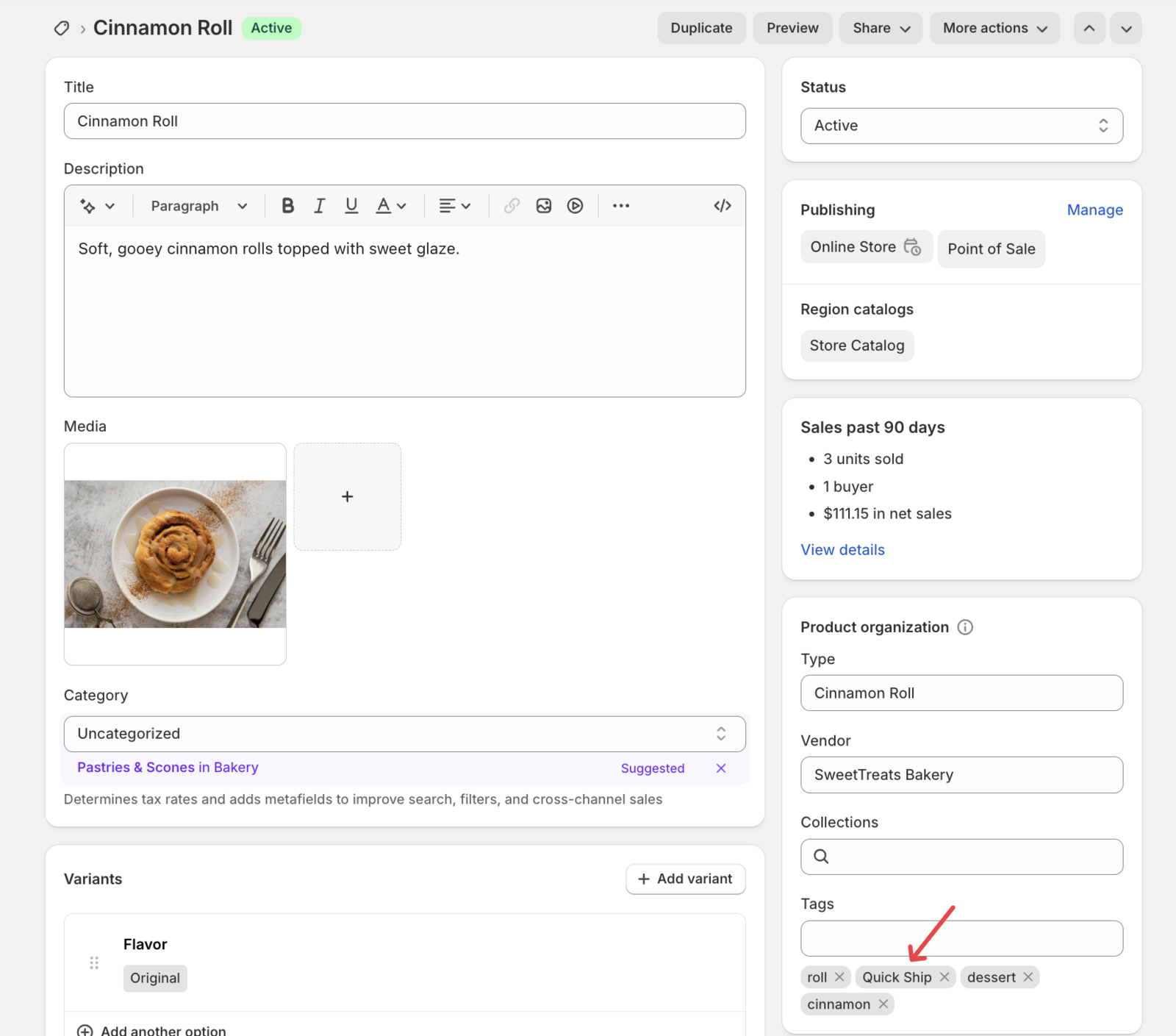 Shows a product page with the newly added tag displayed in the product information section