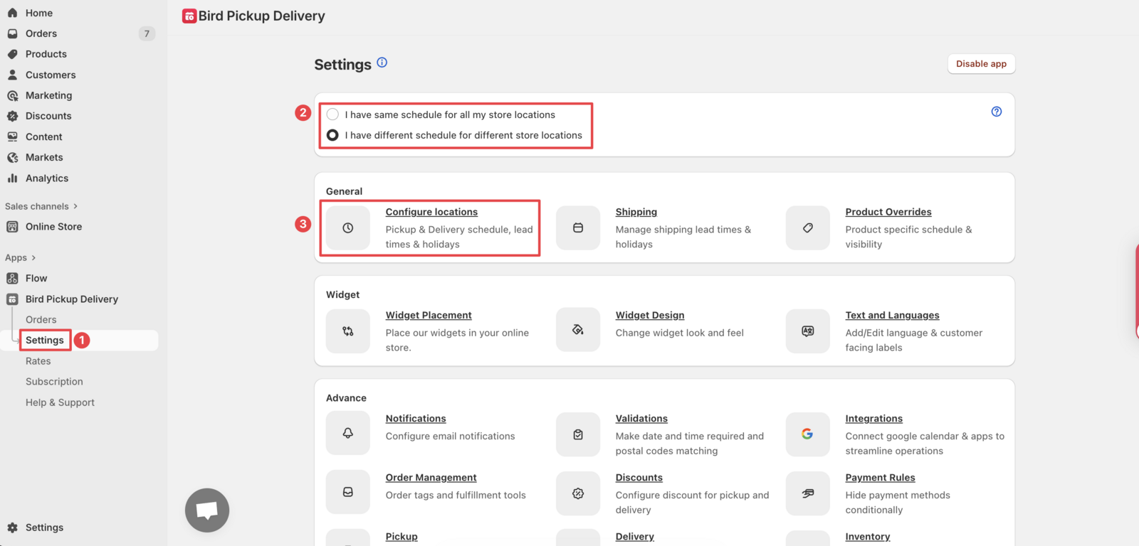 Bird App main settings screen - location configuration interface