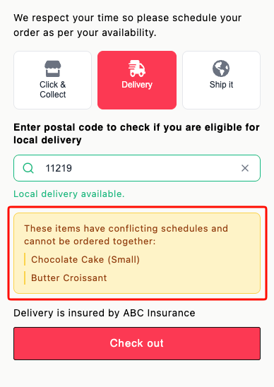Cart widget showing "These items have conflicting schedules and cannot be ordered together" with a list of conflicting items