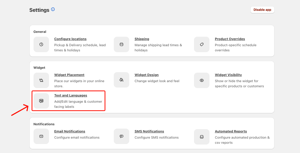 Bird App Settings page with Text and Languages highlighted in the Widget section