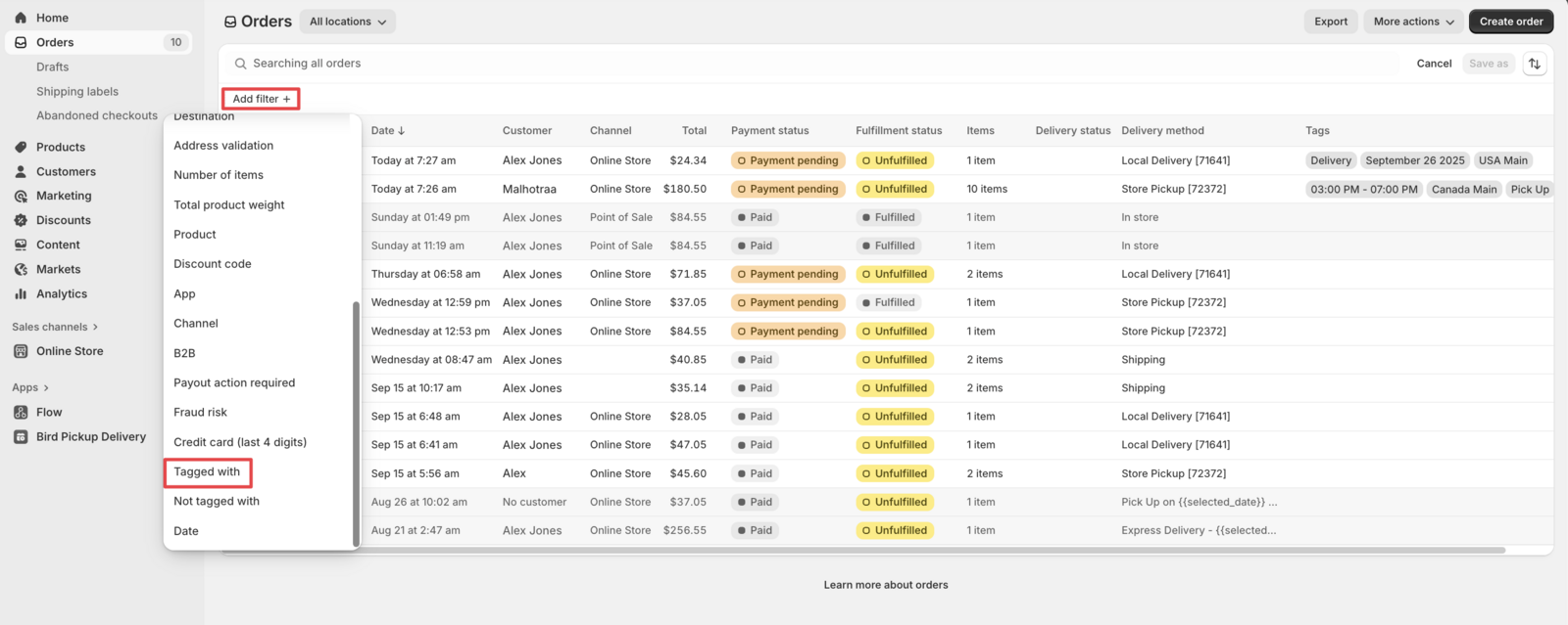 Shows the filter dropdown menu with Tagged With option available for selection