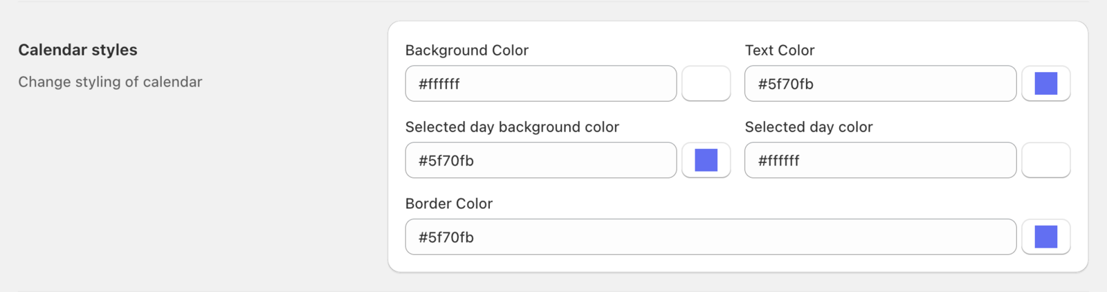 Calendar styling options showing background colors, border colors, and text color pickers