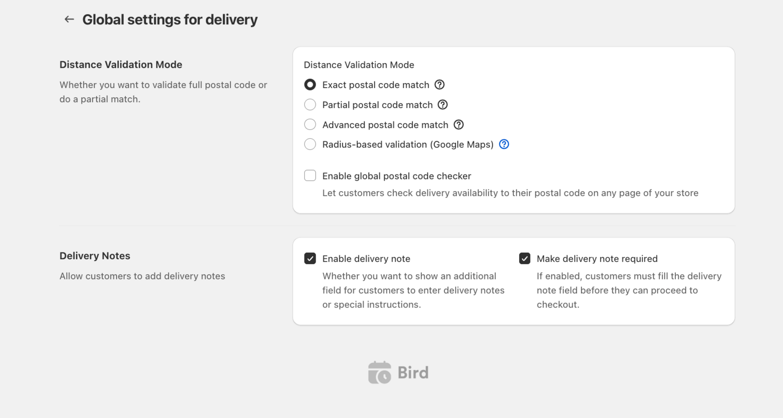 Shows Enable delivery note toggle in settings
