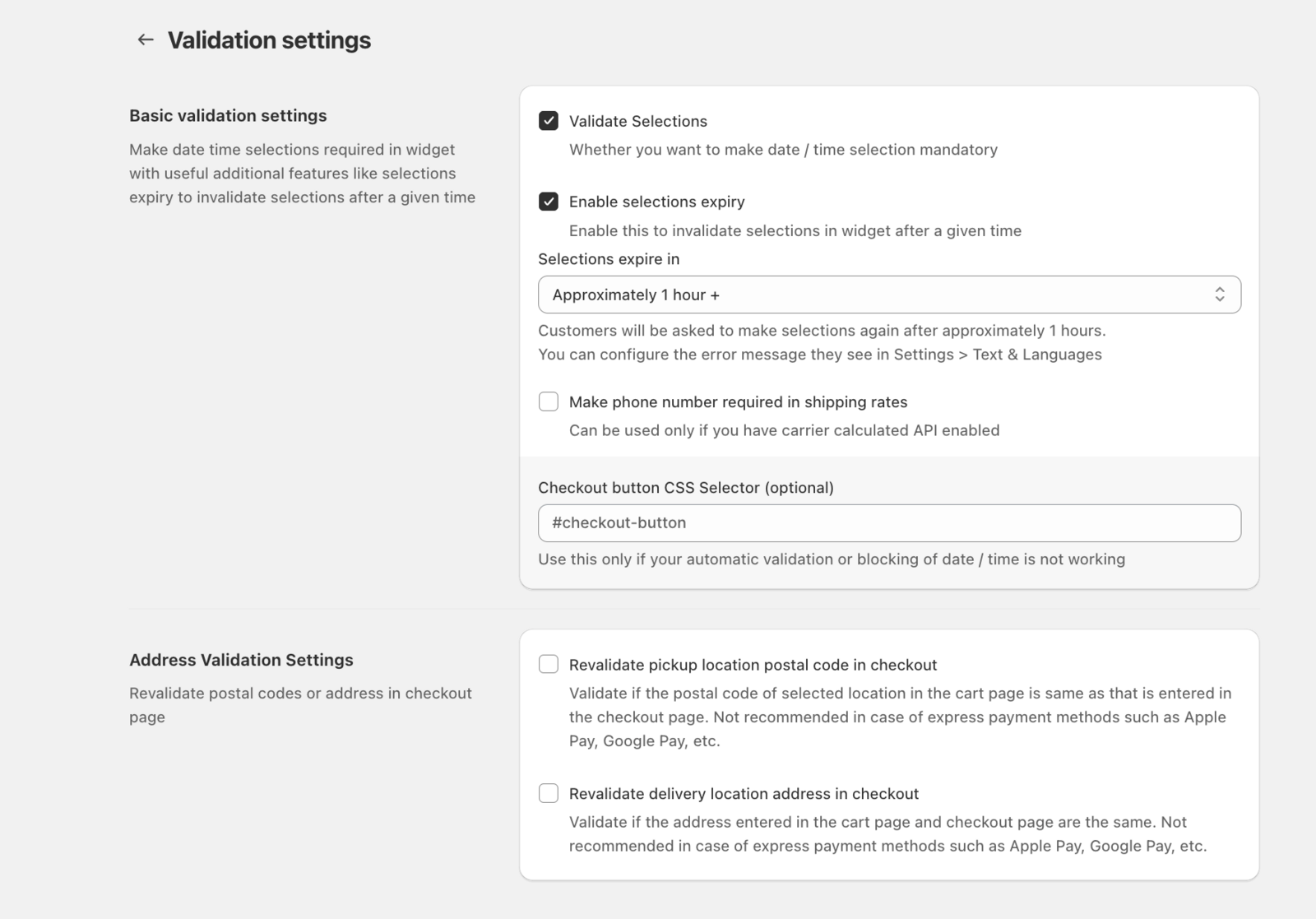 Shows Bird Settings > Validations page with Validate Selections toggle