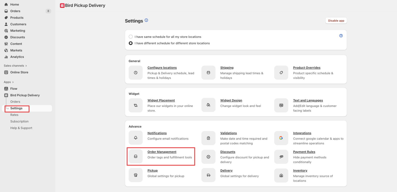 Bird settings showing order management highlighted