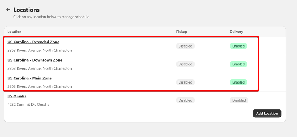Demonstrates the Configure Locations page with multiple store locations set up for different delivery zones