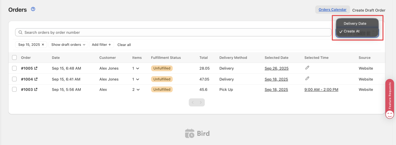 Shows the sorting dropdown with "Created At" option selected to sort orders by creation date