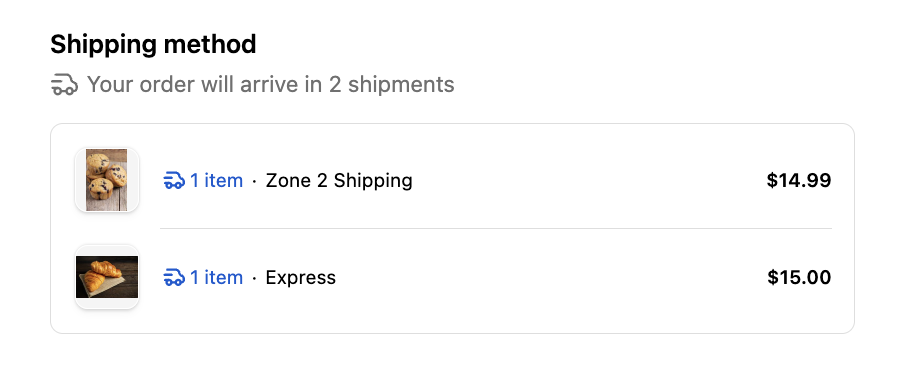 Demonstrates the checkout page showing combined shipping rates from multiple profiles, with the total clearly displayed to the customer