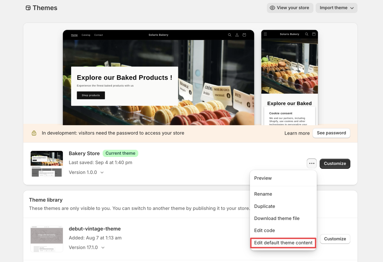 Shows the theme actions menu with the "Edit default theme content" option highlighted
