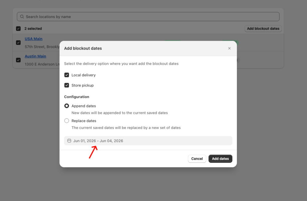Shows the completed modal with the selected date range visible in the date field