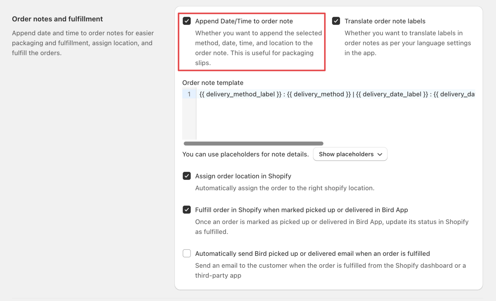 Shows the Order notes and fulfillment settings with toggle options for adding date/time to order note
