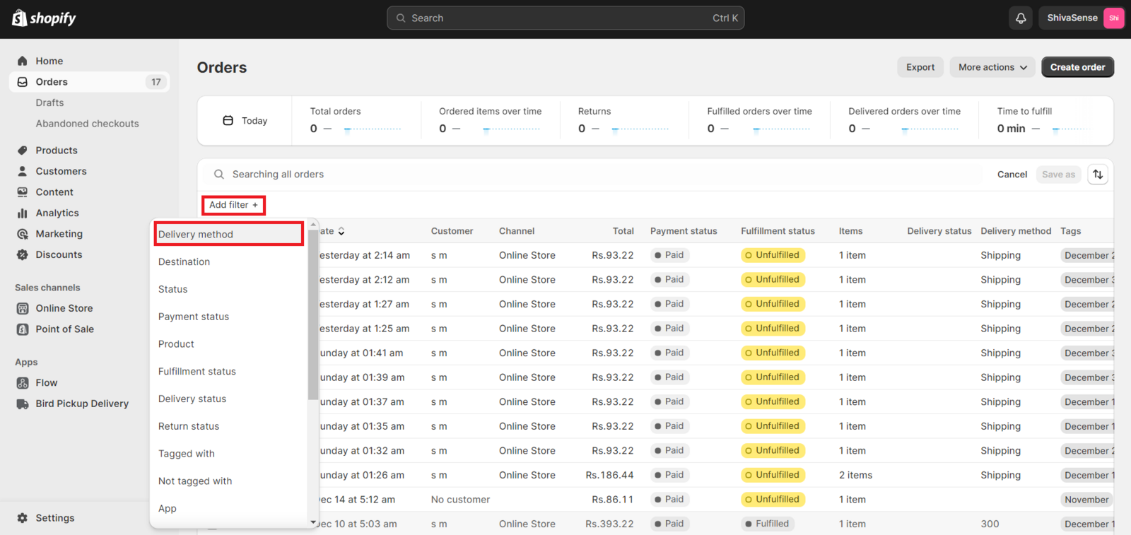 Displays the Add Filter menu with the Delivery Method option highlighted for selection