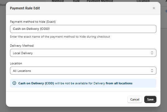 Shows the payment rules configuration interface