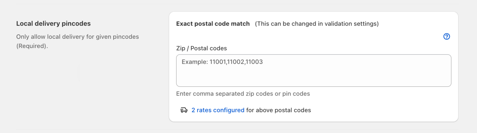Local Delivery postal code input field in location settings
