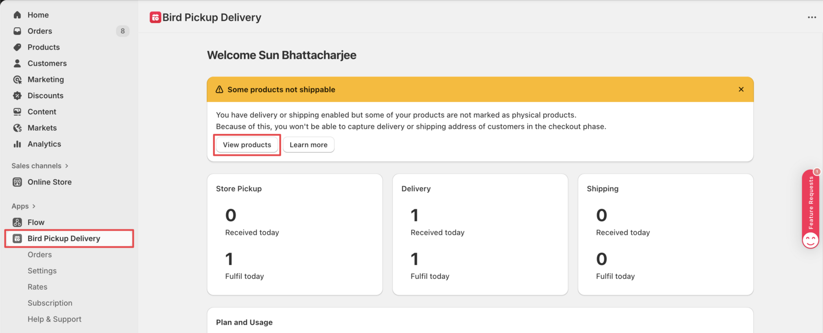 Shows the Bird app homepage with the "View Products" alert box that users need to click to access product settings
