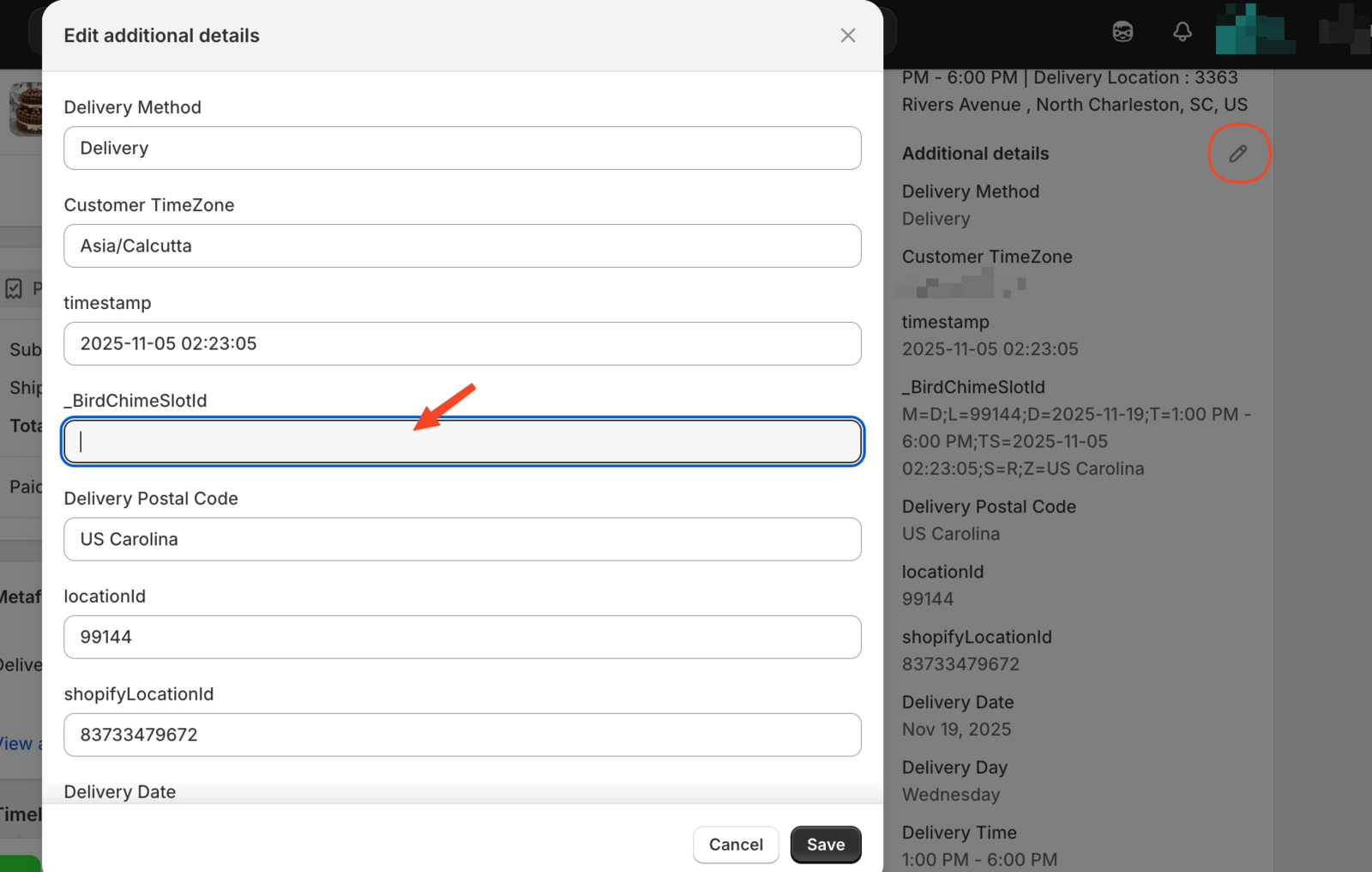 Shows _BirdChimeSlotId cart attribute property with empty value