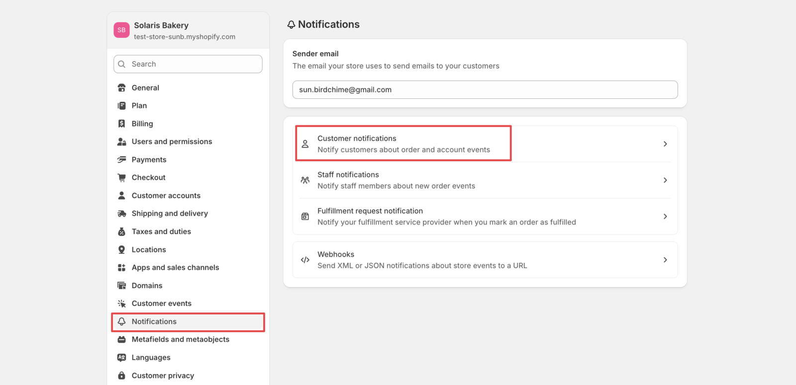 Shows the Shopify admin navigation to customer notifications settings