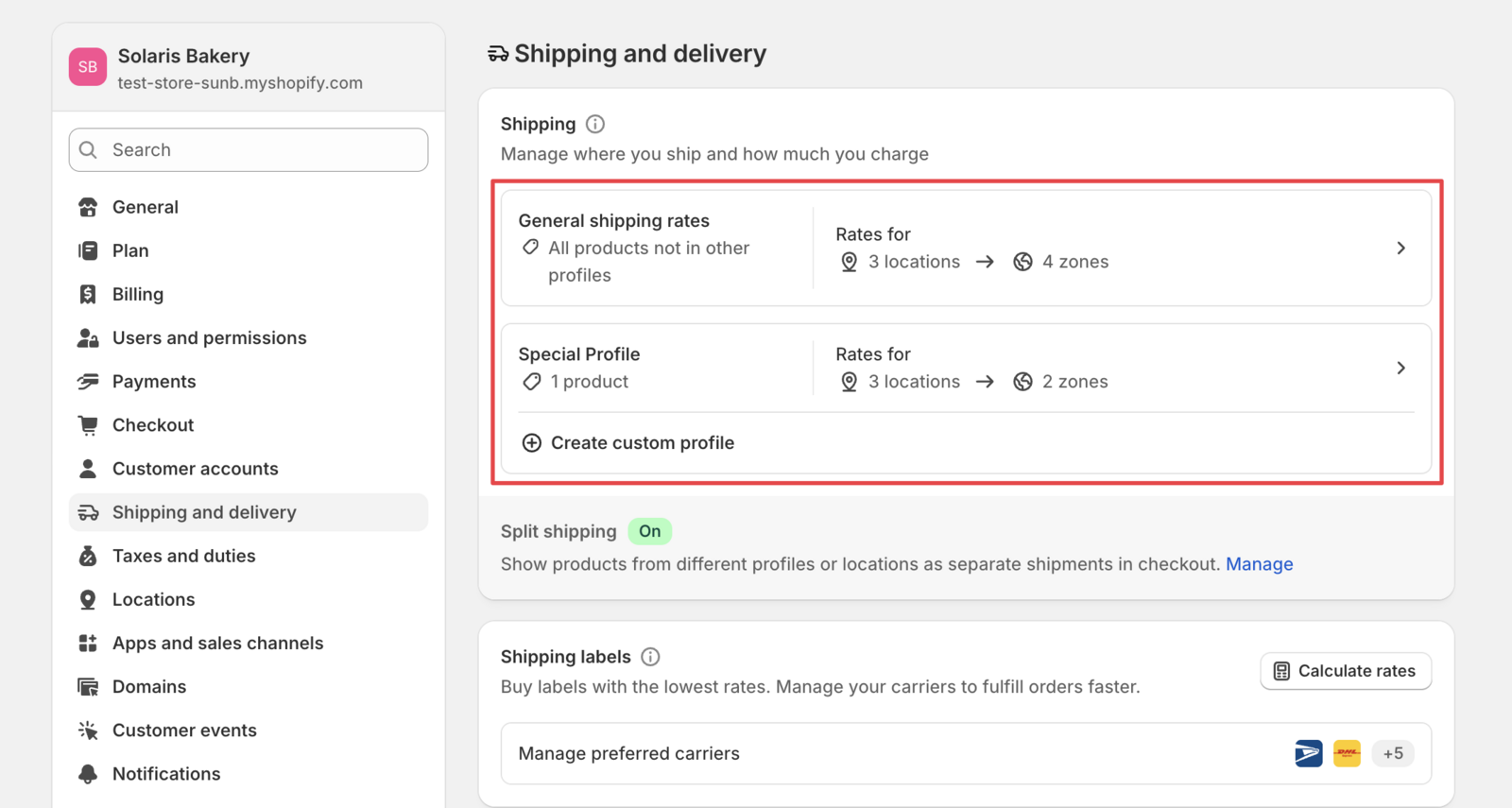 Shipping and delivery settings page with multiple shipping profiles configured, demonstrating how different profiles can have separate rate structures