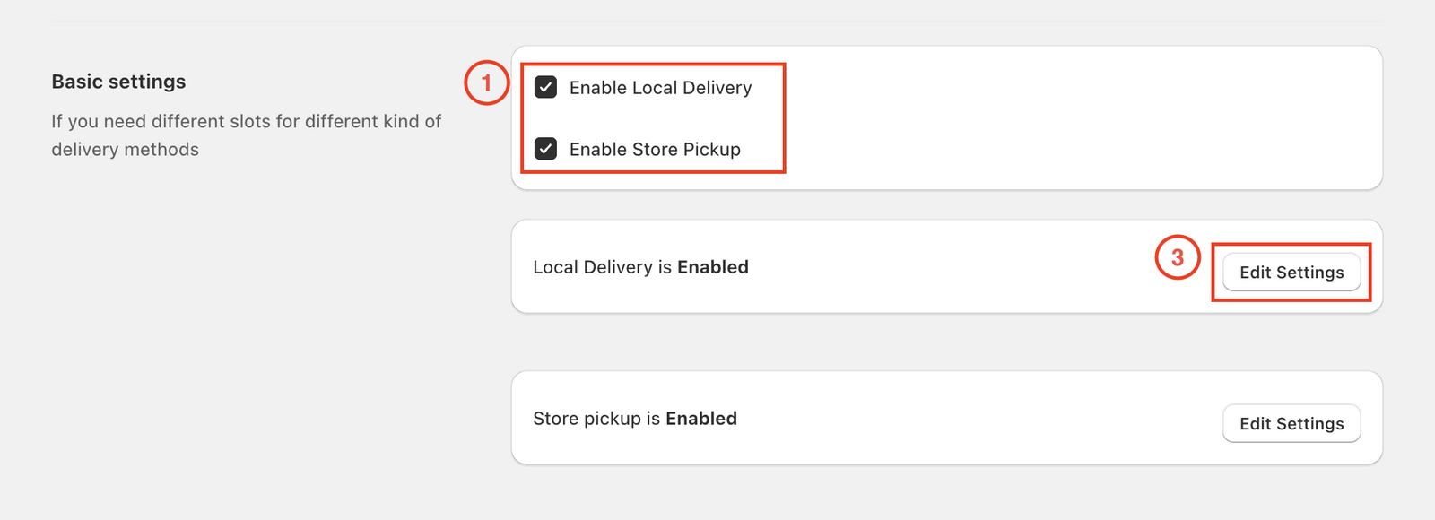 Shows the delivery methods configuration screen where merchants can enable/disable local delivery and store pickup for each location