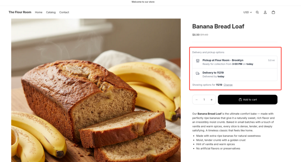 Product page widget showing pickup at Flour Room Brooklyn and delivery options for zip 11219
