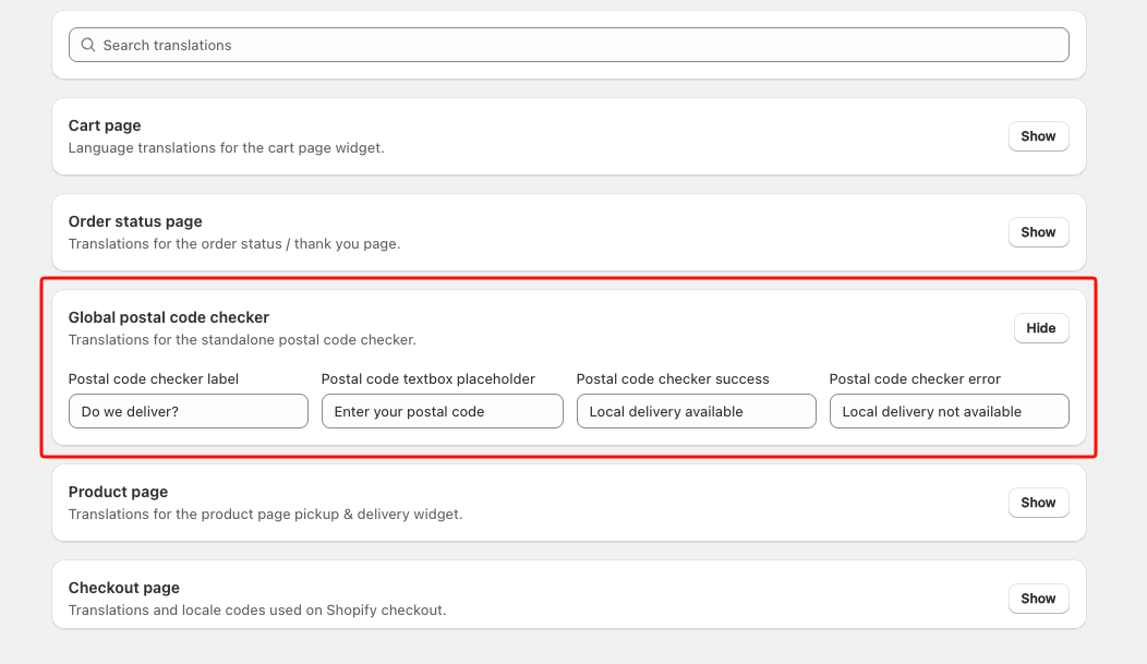 Global postal code checker settings expanded, showing label, placeholder, success, and error fields