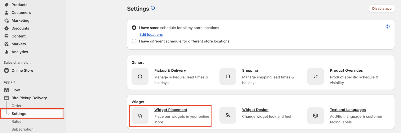 Shows the Bird App Settings menu with Widget Placement option highlighted for easy navigation