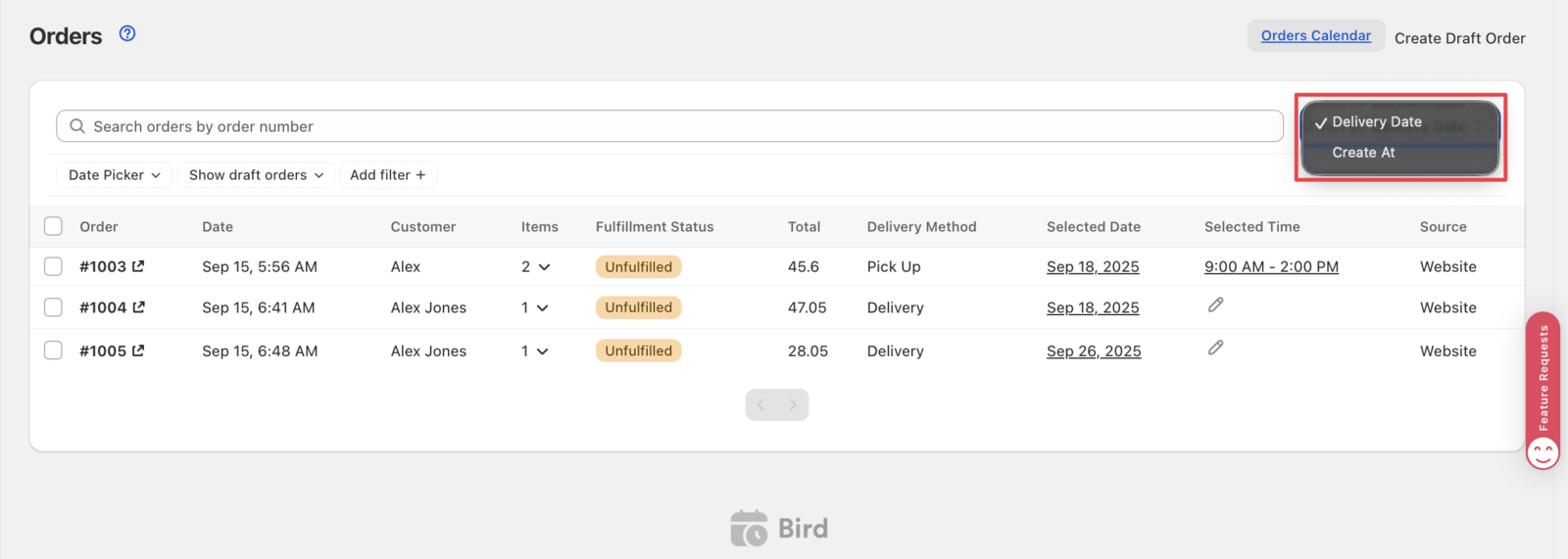 Shows the Orders page with the "Sort by Delivery Date" option highlighted in the sorting dropdown menu