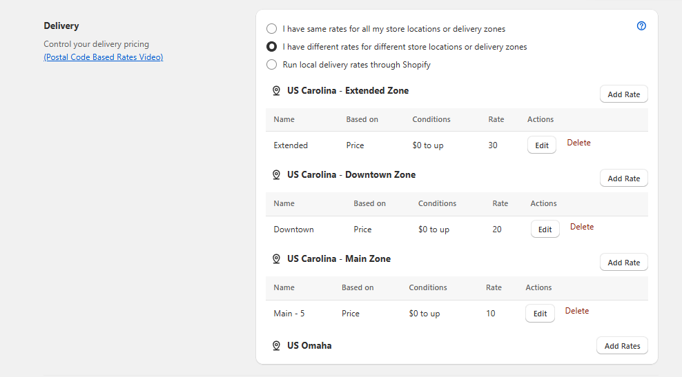 Displays the Bird Rates page with local delivery rates configured differently for each location, showing the tiered pricing structure