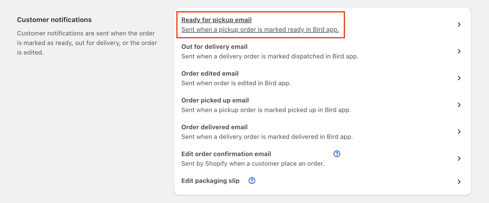 Email template selection screen showing available notification types