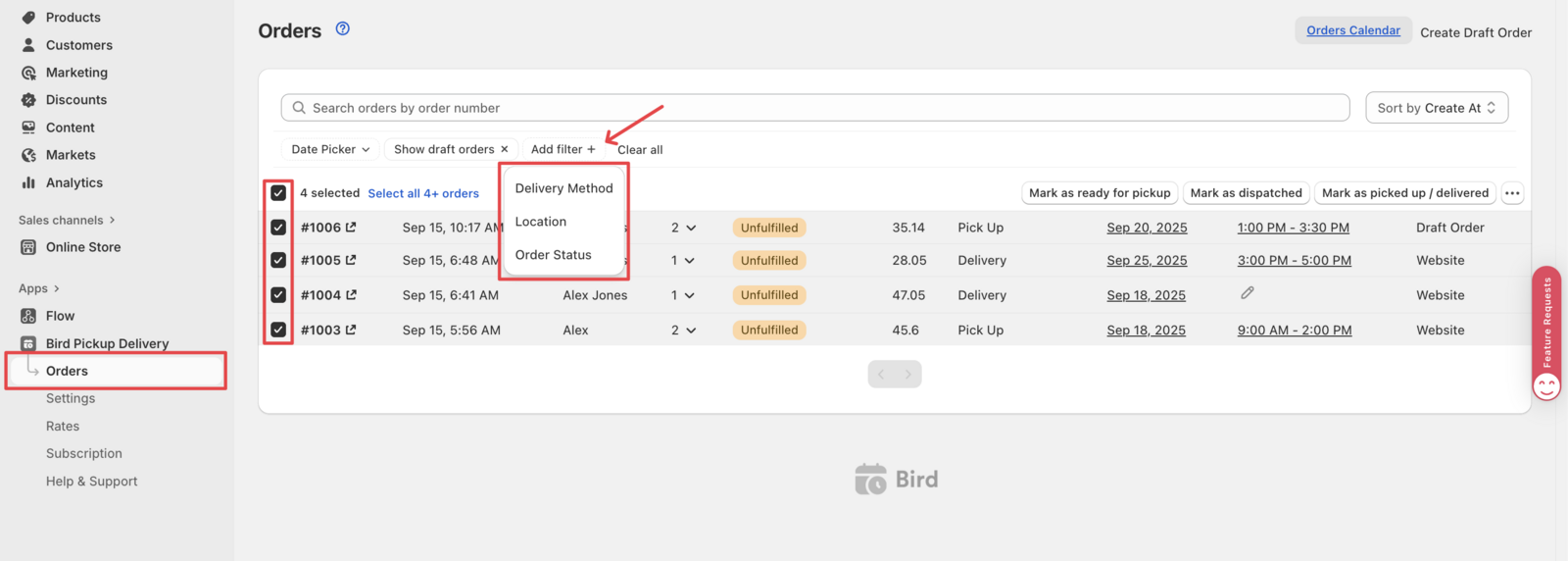 Shows the order selection interface with filtering options for production reports