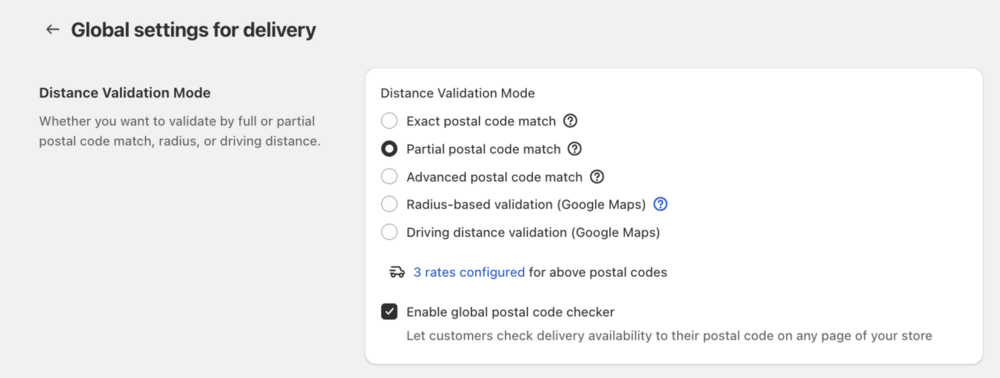 Distance Validation Mode settings showing the three validation options