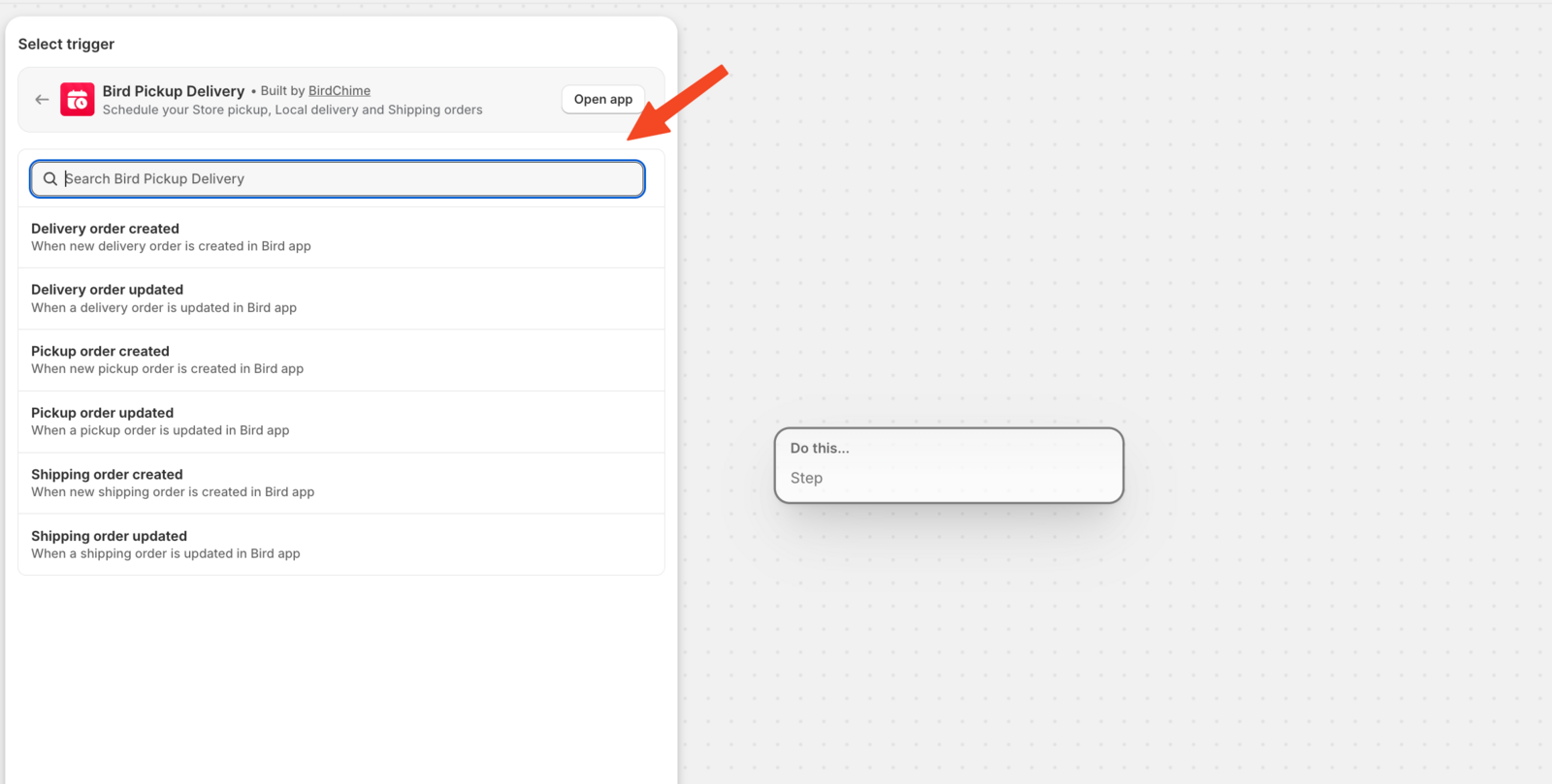 Shopify Flow workflow builder showing the "Bird Pickup Delivery" trigger with various trigger options
