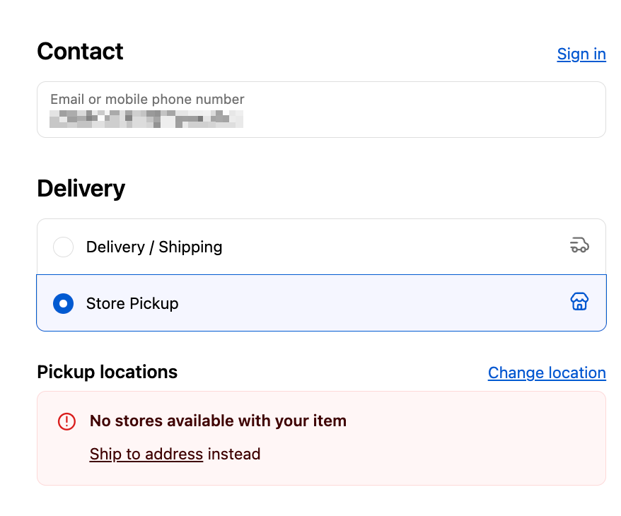 Error indicating no pickup locations are available due to missing address information