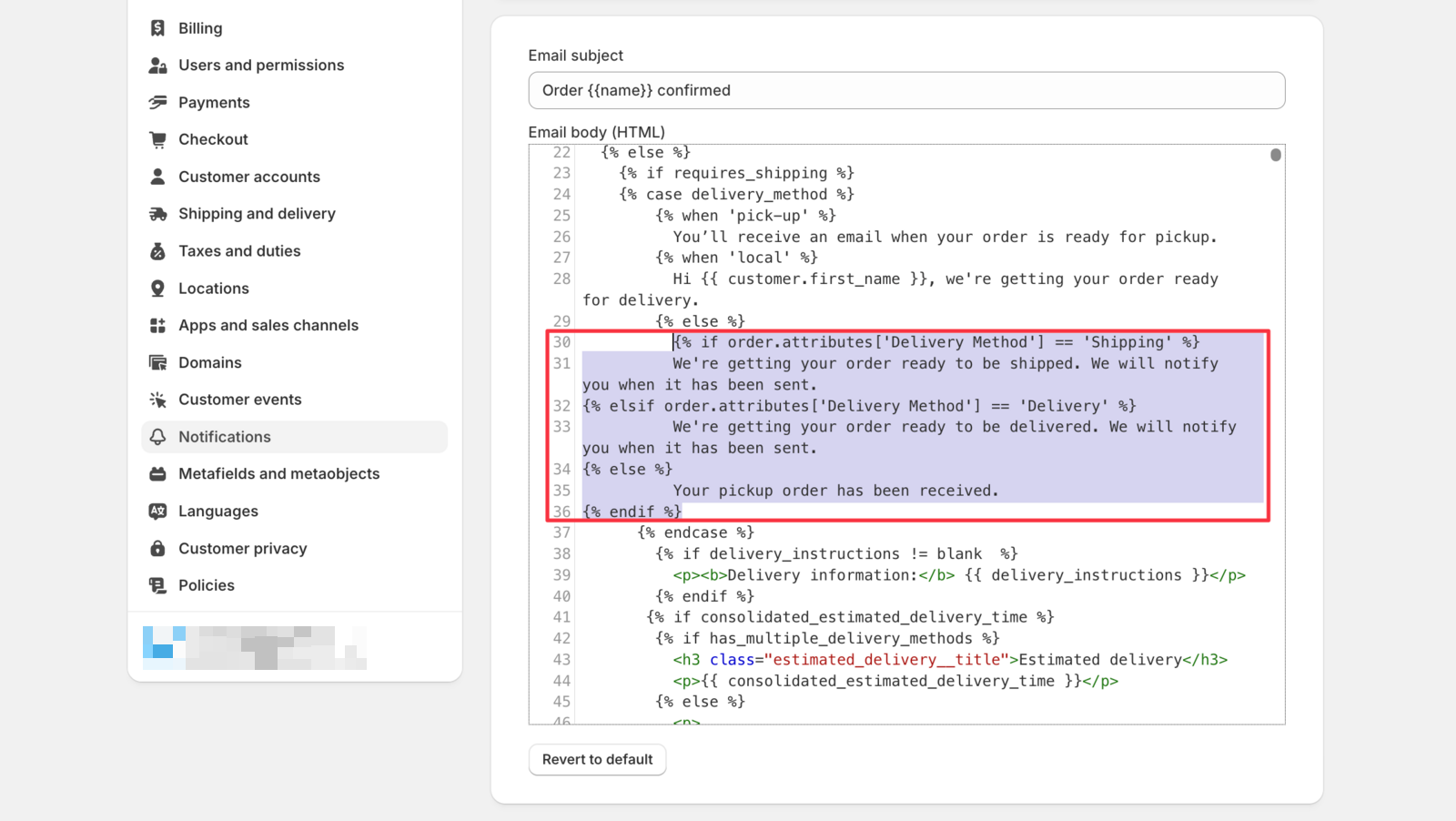 Updated email template with the new conditional code that displays appropriate messages for different delivery methods
