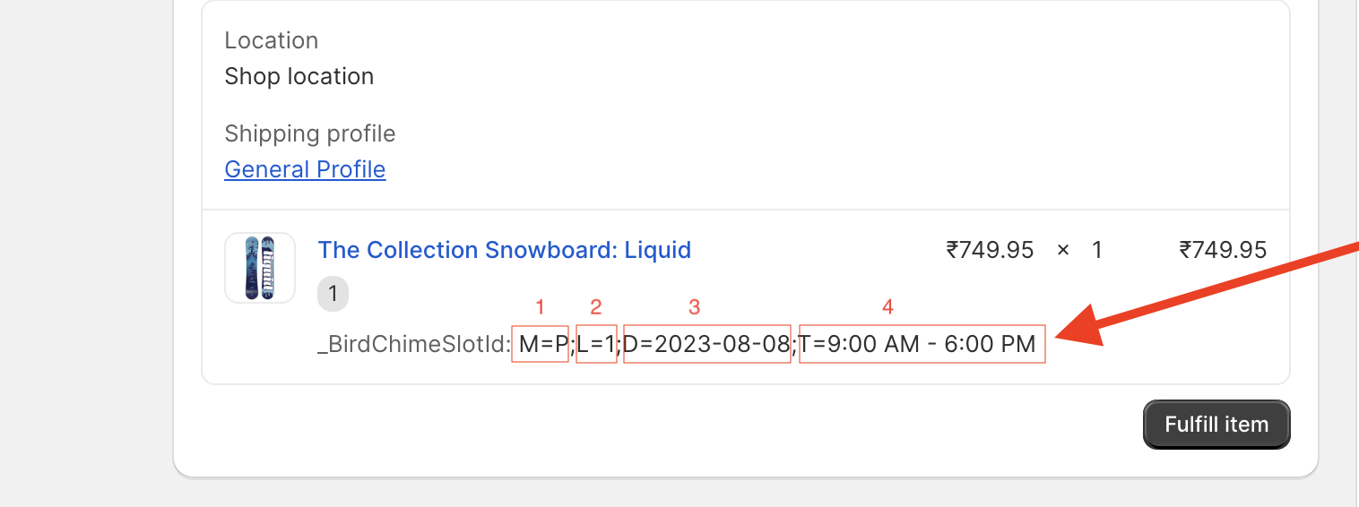 Shows the _BirdChimeSlotId line item property along with values