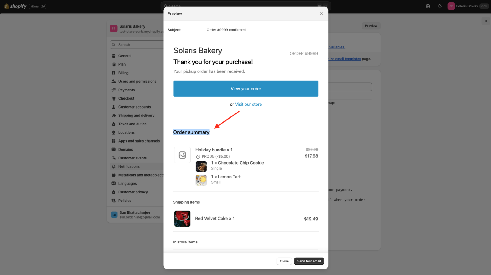 Email template editor showing the order confirmation email preview with the Order Summary section