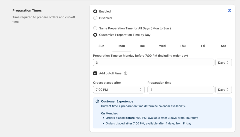 Shows cut-off time configuration with before/after lead times and Customer Experience preview