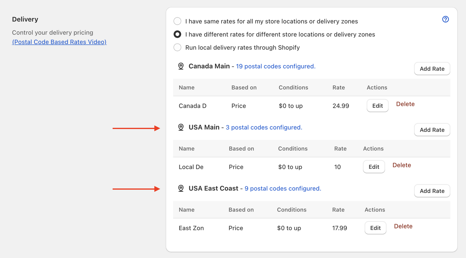 Shows the rates configuration page where merchants can set different delivery rates for each location/zone