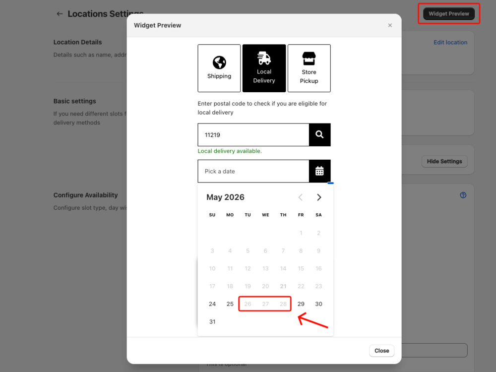 Shows widget preview with blocked dates grayed out