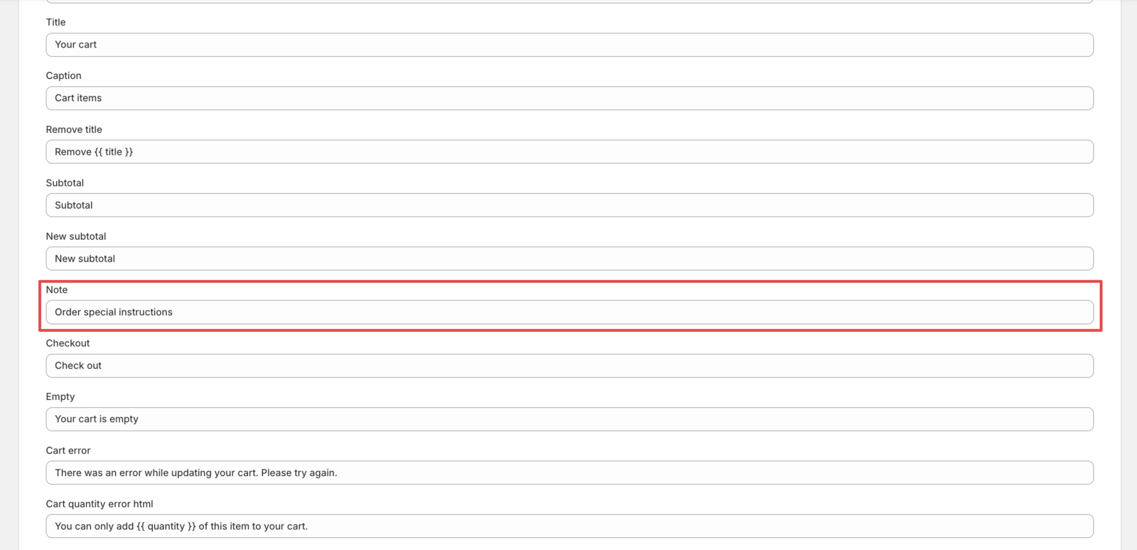 Shows the order note label being customized in the language editor