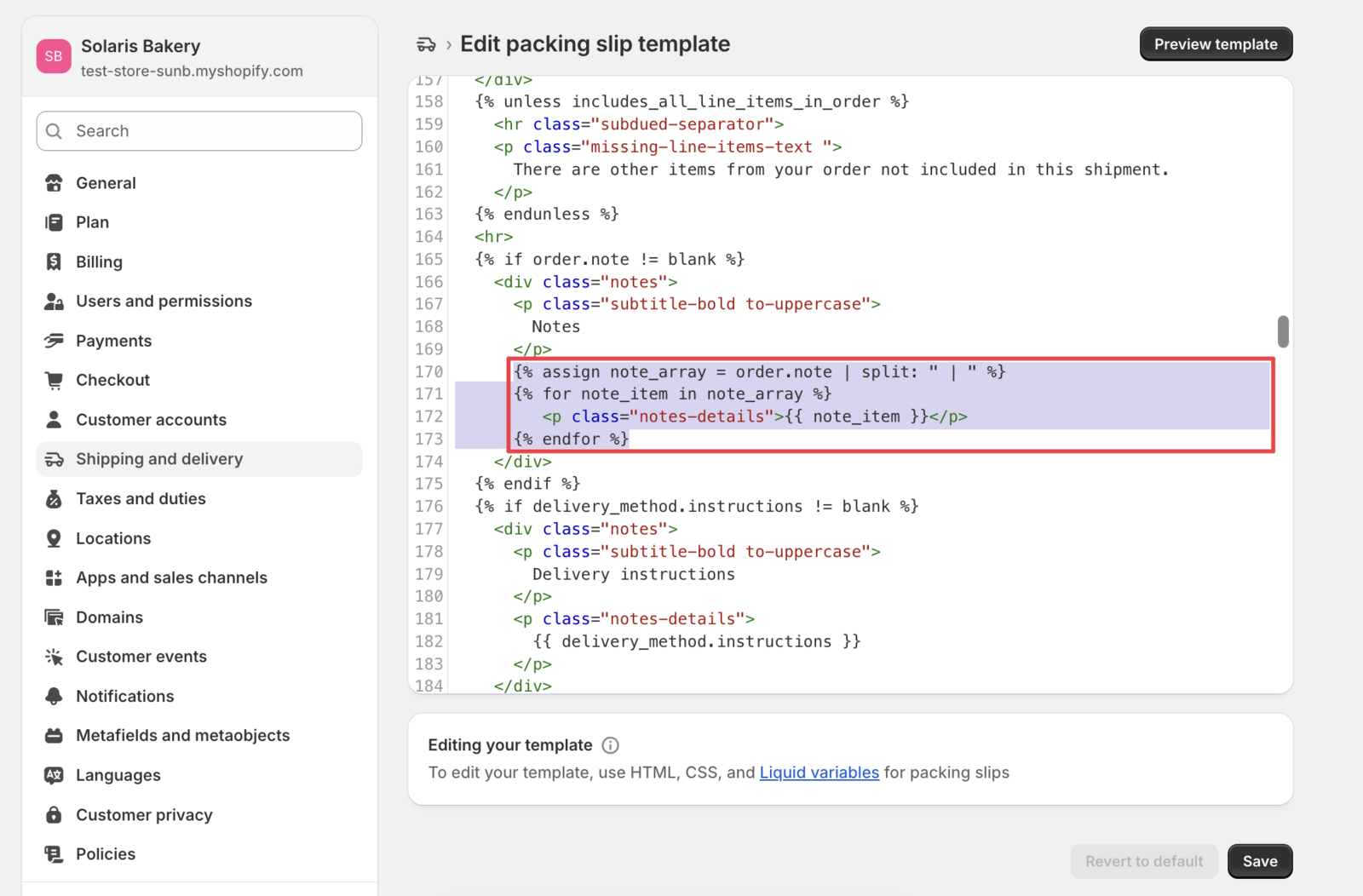 Shows the highlighted code that is to be replaced in the packaging slip code editor