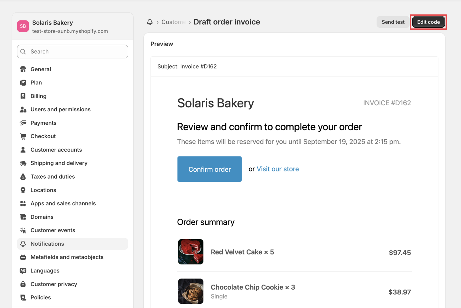 Draft order invoice template showing the Edit code button