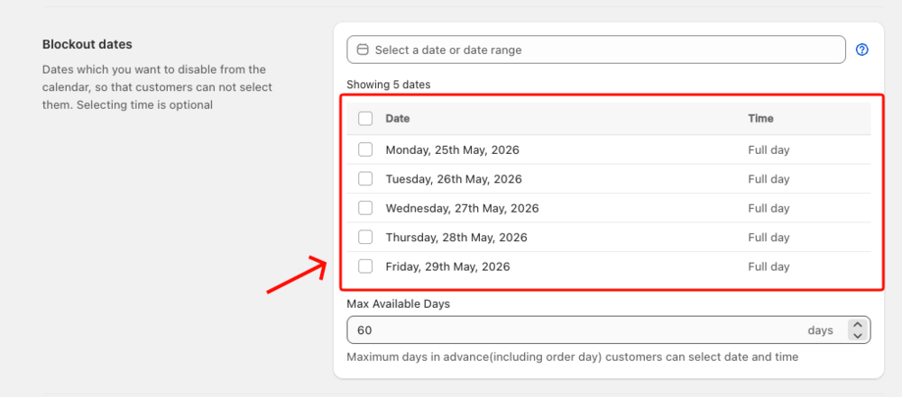 Shows blocked dates listed in the table below the date field