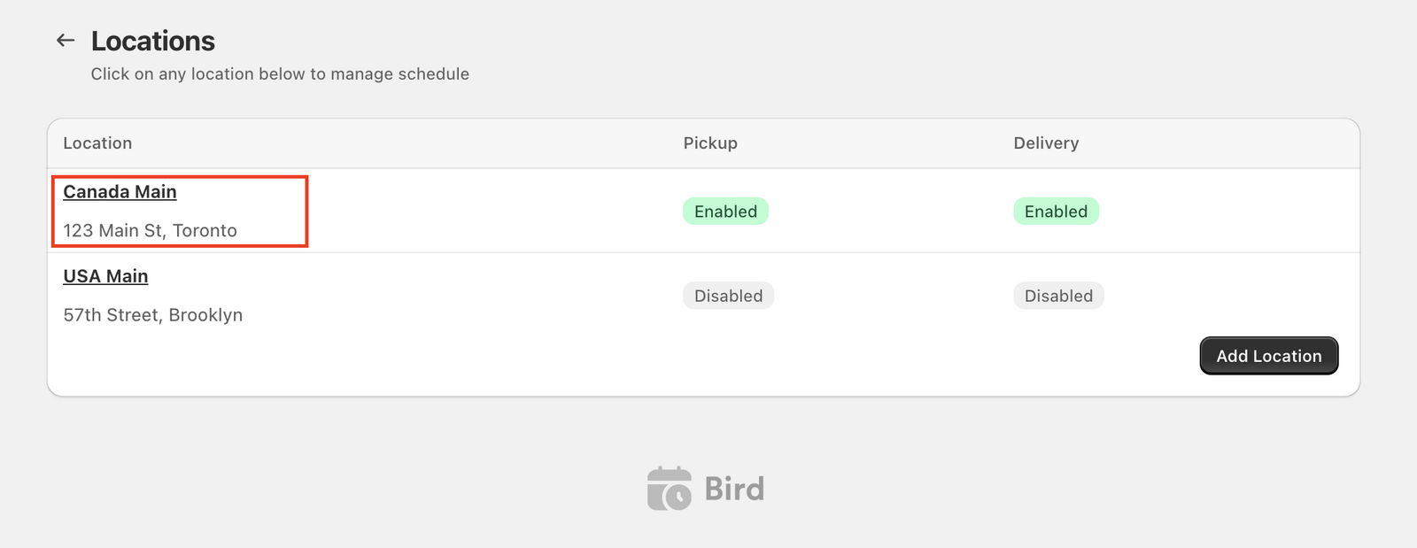 Displays the locations configuration page showing all available store locations that can be individually managed