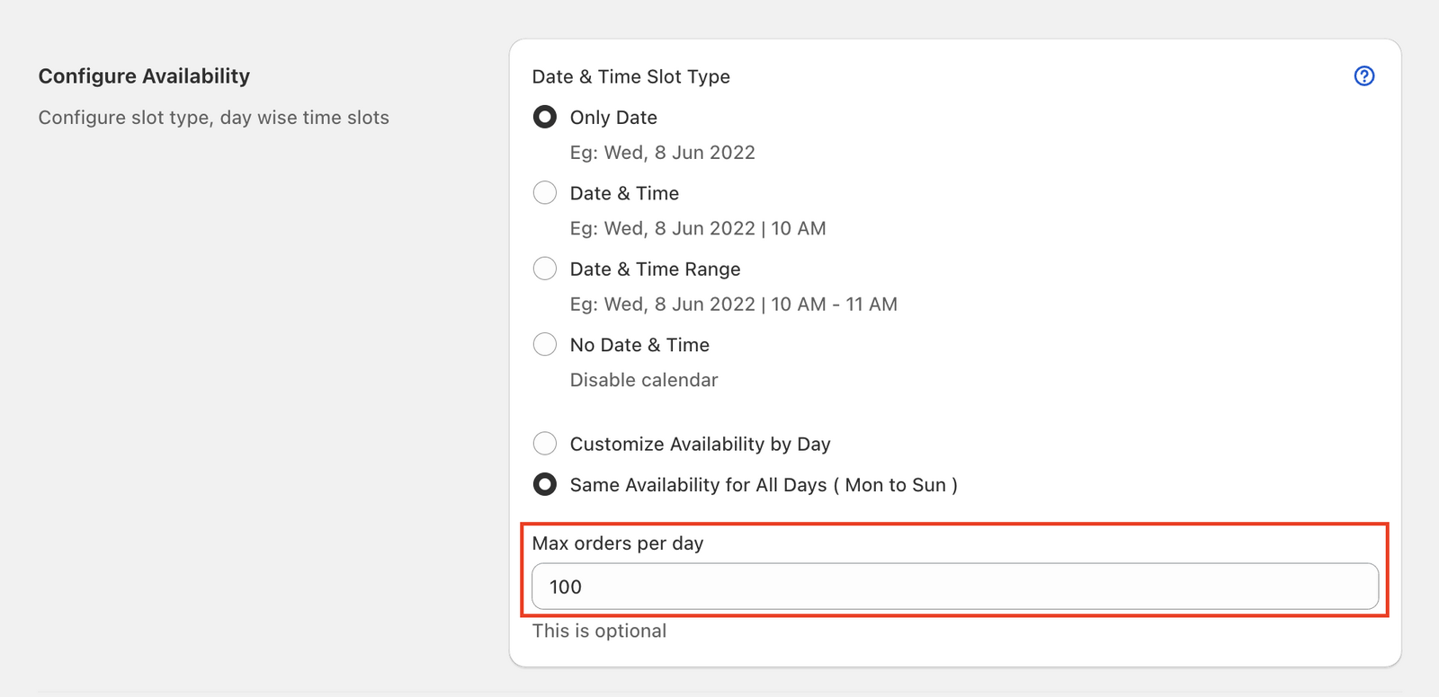 Maximum orders per day setting for delivery