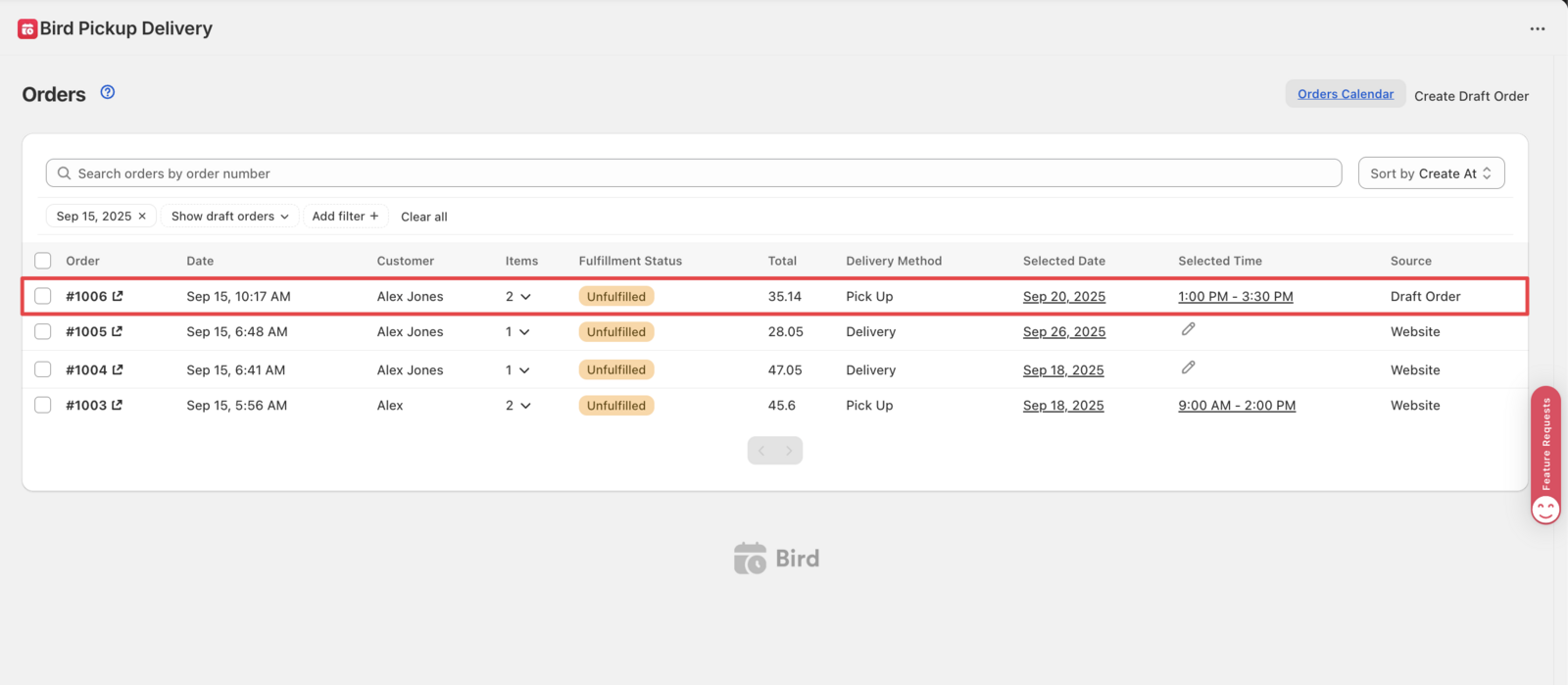 Showing draft order in Bird's order page