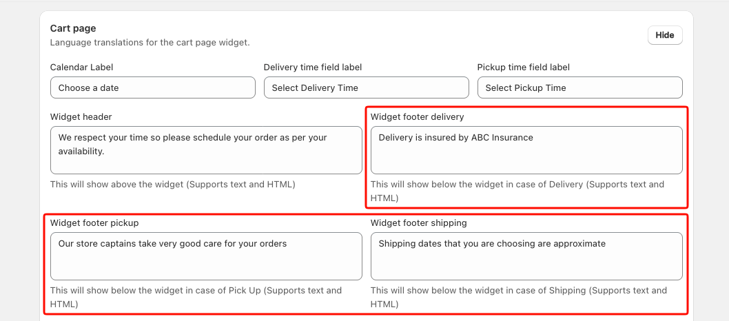 Cart page settings showing Widget footer delivery, pickup, and shipping fields all filled in